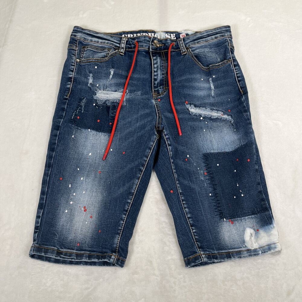 Grindhouse Denim Shorts Mens Size 36 Cutoff Drawstring Distressed Bnfts Charity